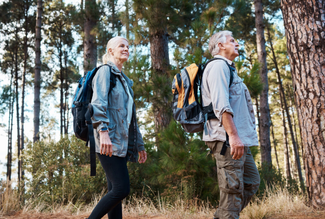 Couple de seniors marchant en forêt avec leurs sacs à dos, profitant d'une randonnée en pleine nature pour rester en forme