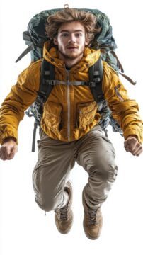 homme aventurier sautant sac a dos randonnee poids