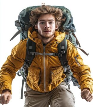 homme aventurier sautant sac a dos randonnee poids