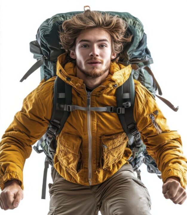 homme aventurier sautant sac a dos randonnee poids