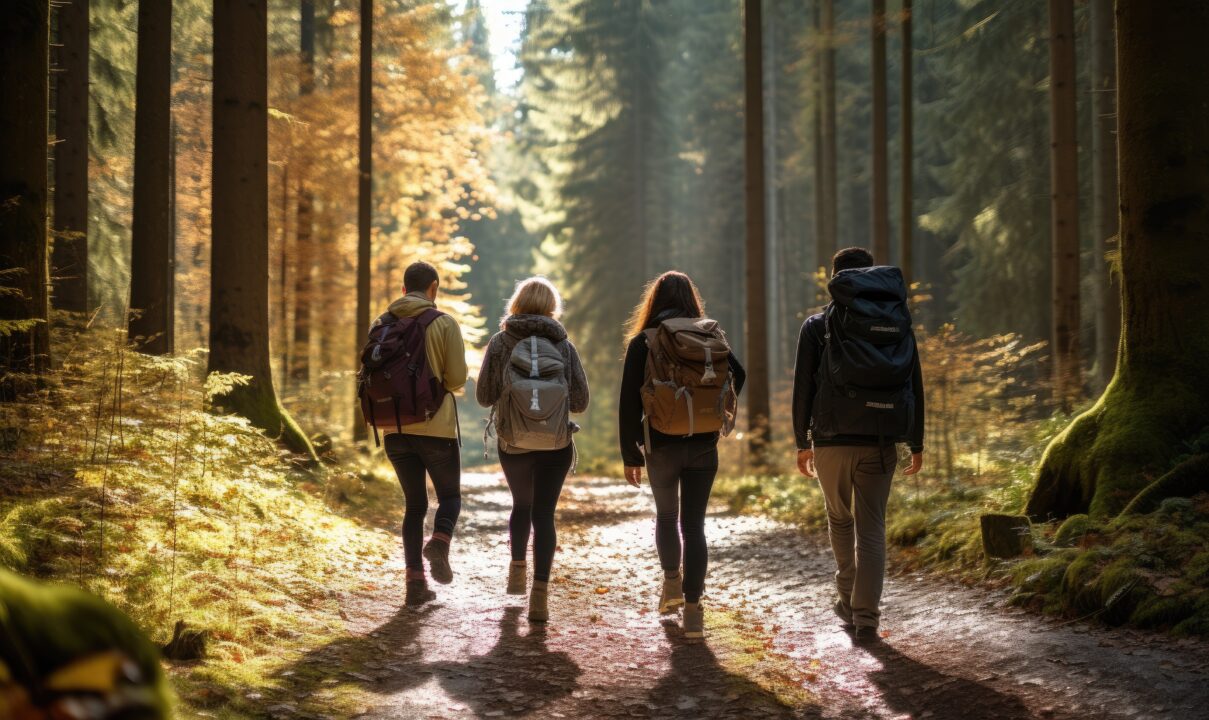 Couple marchant en randonnée dans une forêt dense, pratique du rucking
