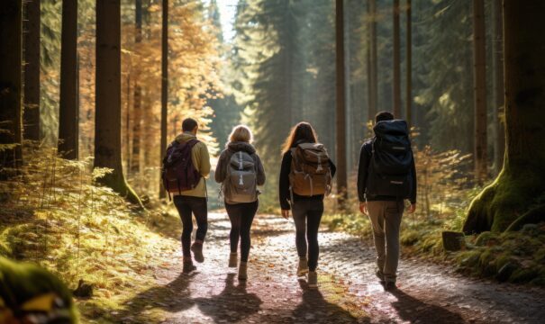 Couple marchant en randonnée dans une forêt dense, pratique du rucking