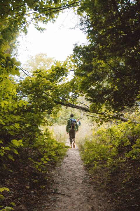 Homme avec sac à dos marchant sur un sentier étroit en forêt, progression en rucking