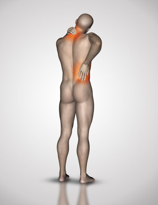 3d male figure holding his neck and back in pain