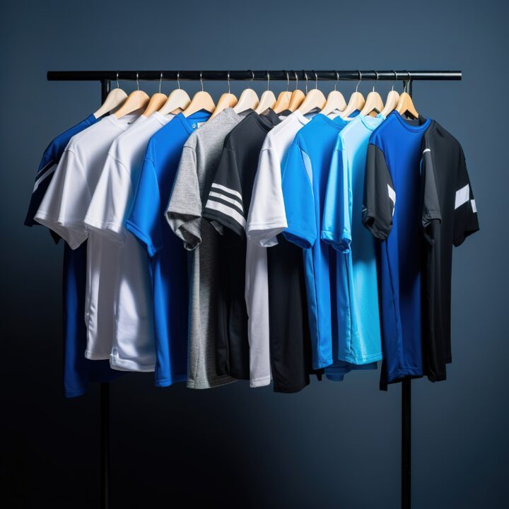 vetements sport tee shirts suspendus presentoir magasin
