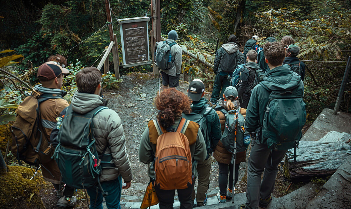 group people are walking up trail with sign that says trail