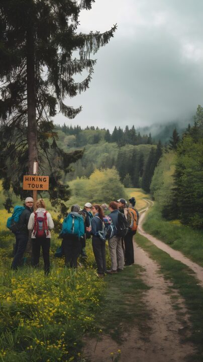 tree with sign hiking tour spring carpathians romania group people with backpack